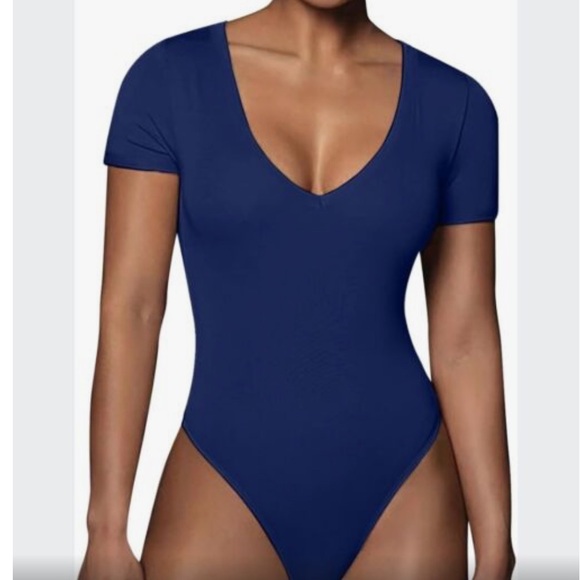 House of Harlow 1960 Tops - House of Harlow 1960 Navy Blue Deep V Short Sleeve Bodysuit
